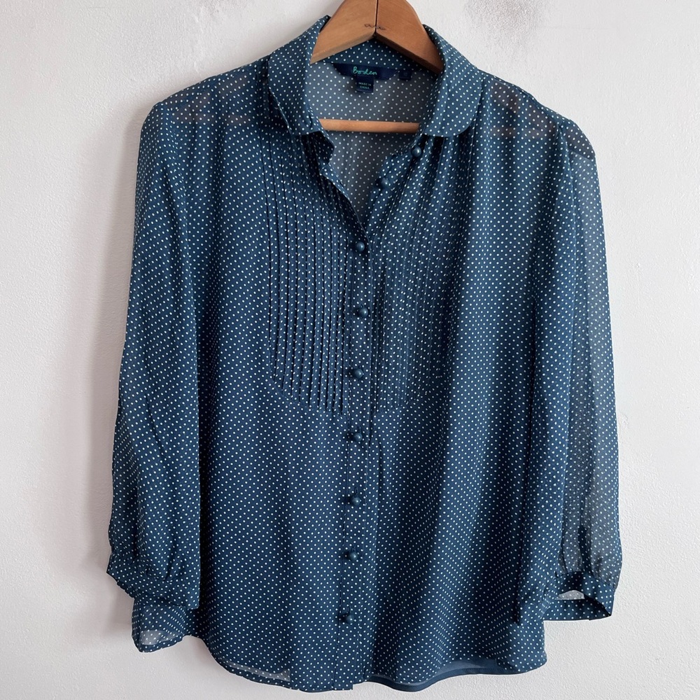 Boden Silk Teal Blue Green Polka Dot Ruffle Split Collar Blouse size 6